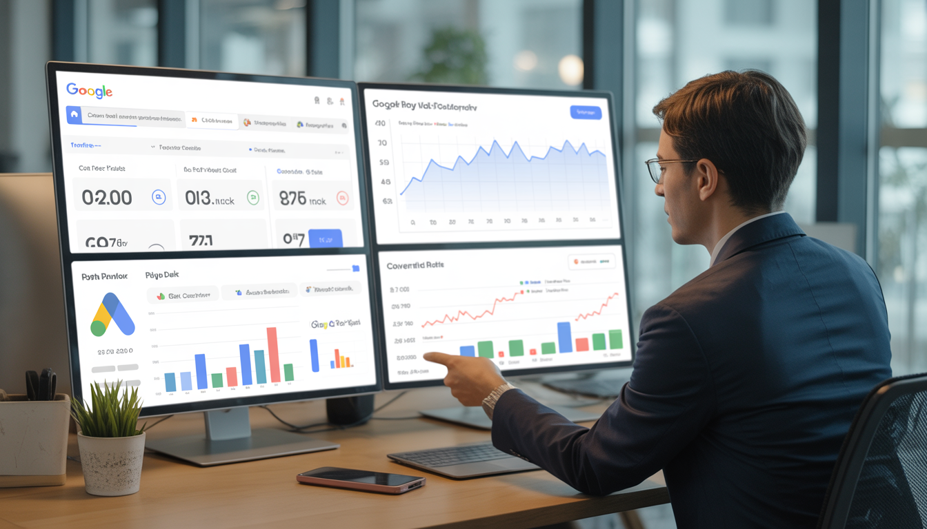 Consultant en marketing digital analysant la performance d'une campagne Google Ads sur plusieurs écrans affichant trafic, coût par clic, taux de conversion et graphiques de croissance dans un bureau moderne lumineux.