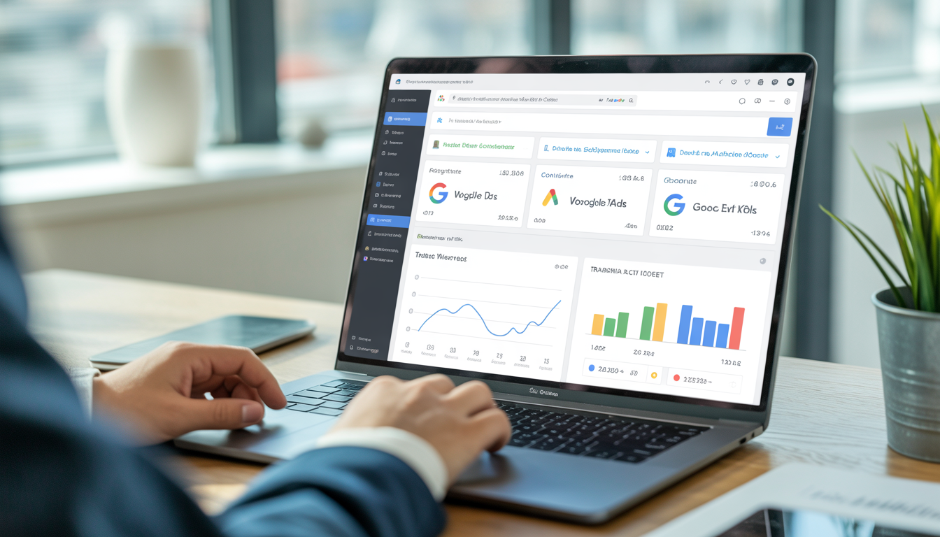 Consultant SEO freelance travaillant dans un espace lumineux et moderne à Lyon, avec un ordinateur portable affichant l'interface WordPress, des tableaux de bord Google Ads et des graphiques de croissance du trafic