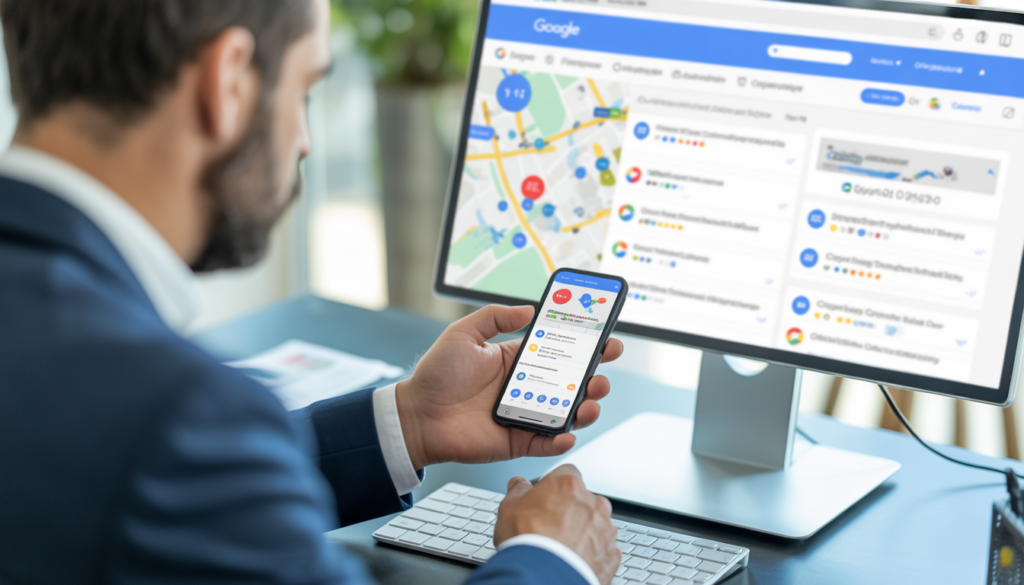 Consultant en marketing digital professionnel travaillant à un bureau moderne avec écran et smartphone affichant un profil Google Business et avis clients