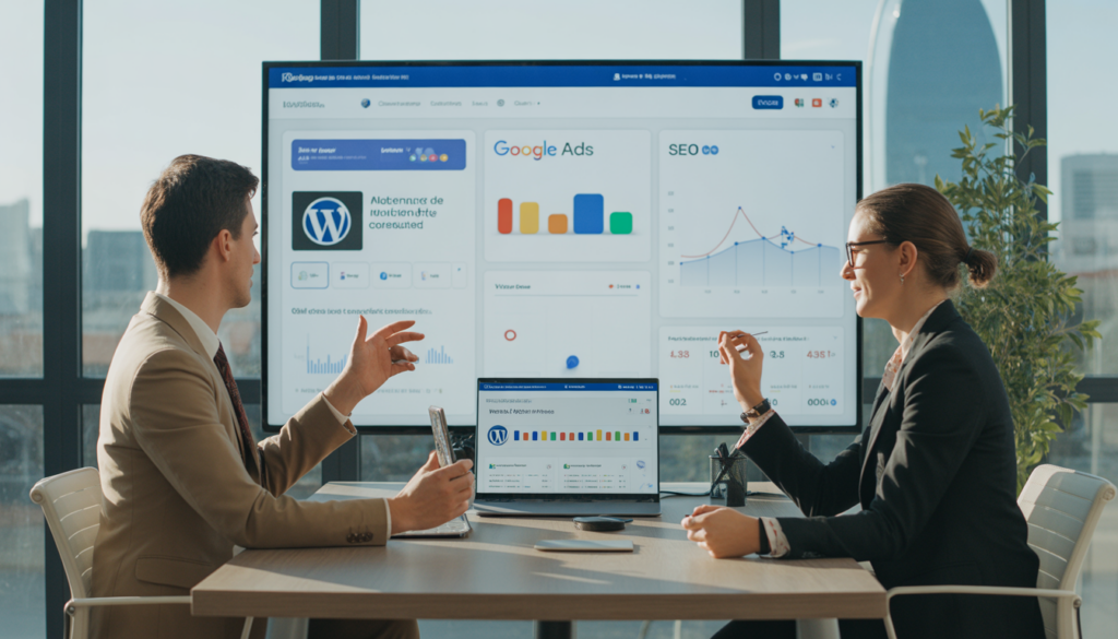 Consultant marketing digital Lyon en discussion stratégique avec équipe PME dans un bureau moderne