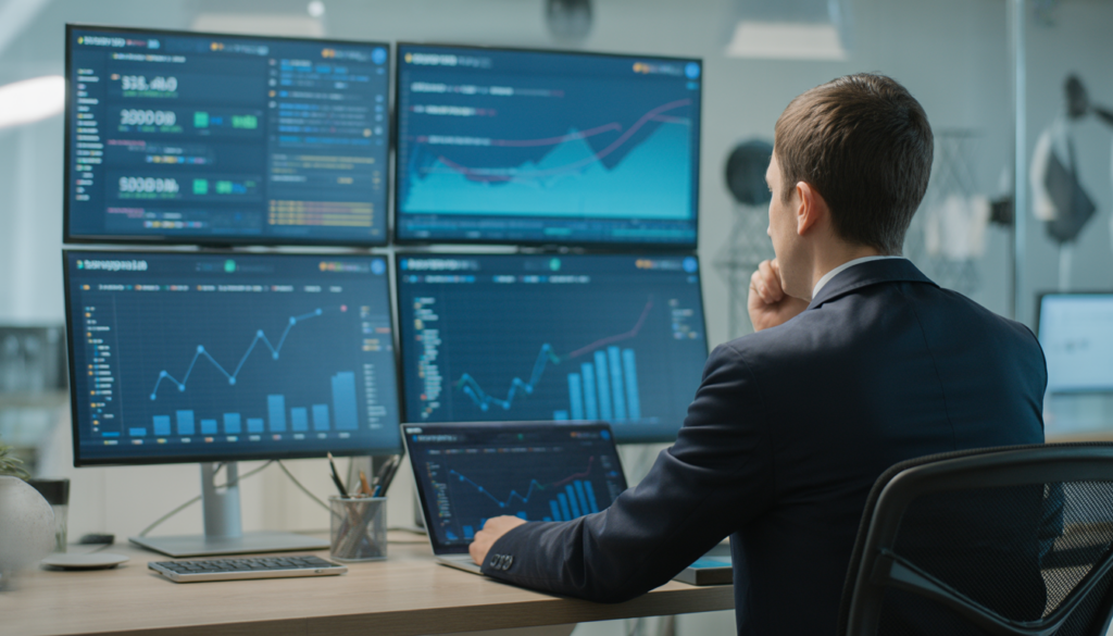 Expert SEO freelance concentré dans un bureau moderne avec plusieurs écrans affichant des audits SEO, analyses de mots-clés, courbes de croissance du trafic et indicateurs de visibilité.