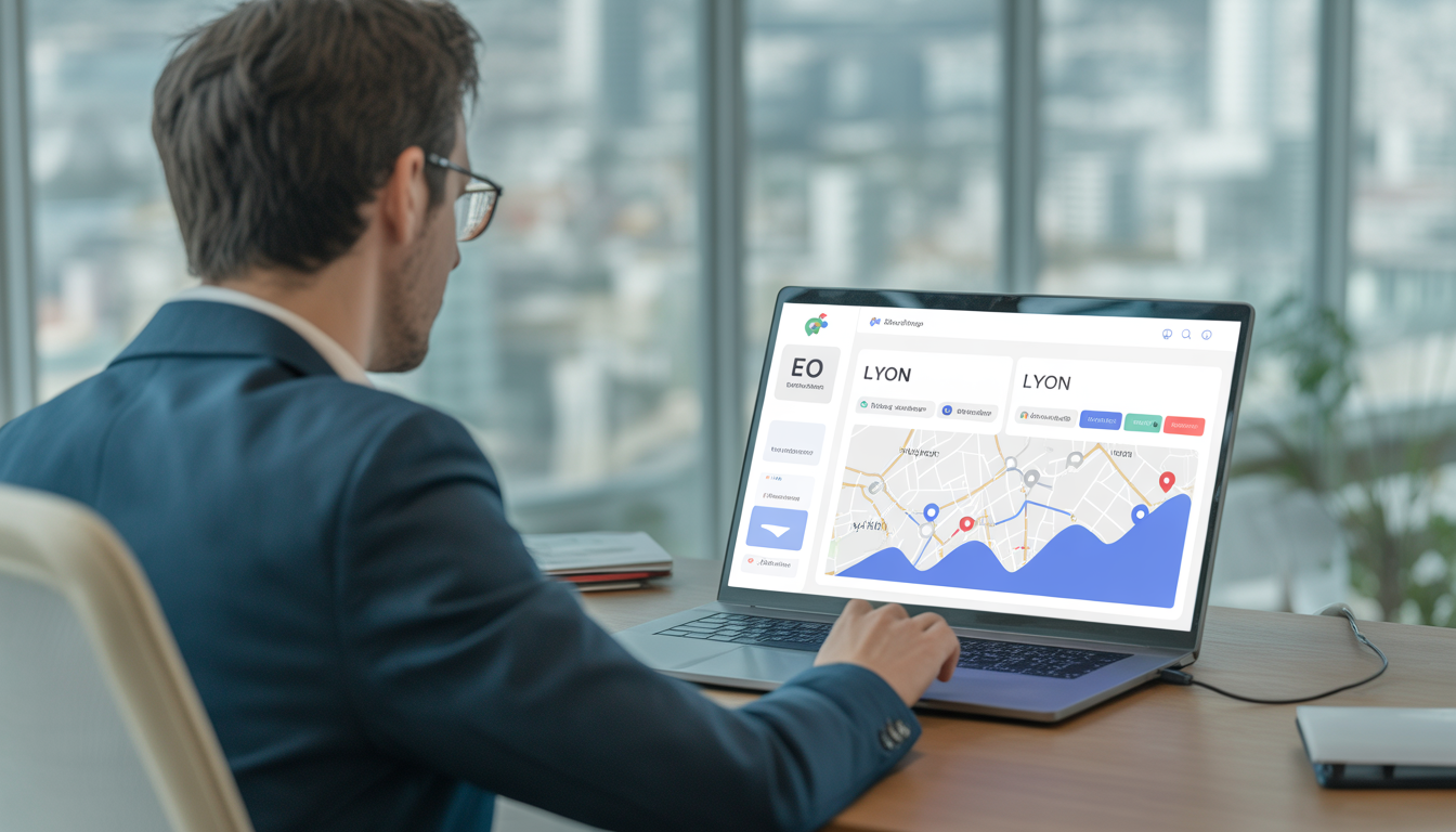 Consultant SEO local travaillant dans un bureau moderne et lumineux à Lyon, regardant un ordinateur portable affichant une interface SEO locale avec carte de Lyon, marqueurs de visibilité et graphique de trafic en hausse