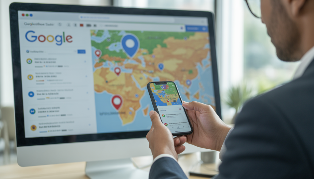 Consultant en marketing digital analysant une carte locale avec marqueurs de géolocalisation, profil Google Business sur smartphone et résultats de recherche locale optimisés à l'écran dans un bureau moderne