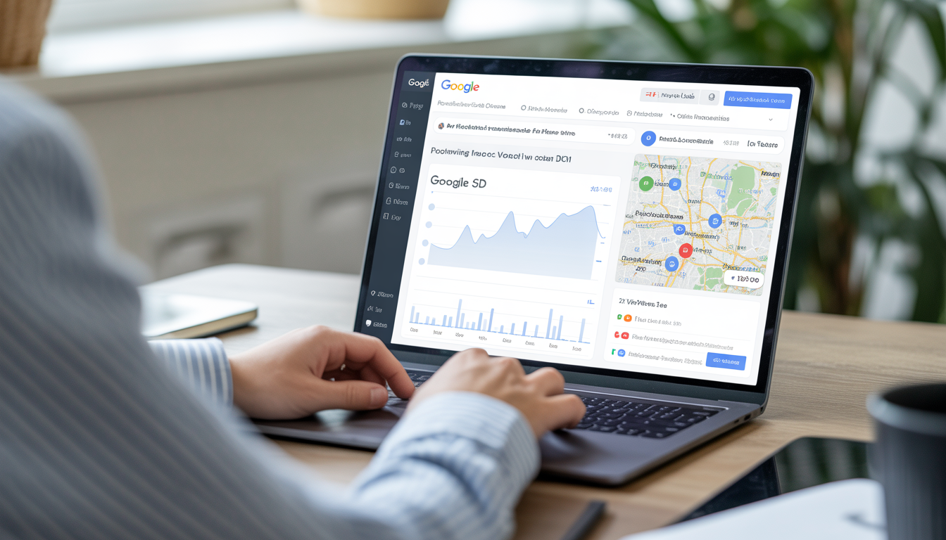 Consultant SEO local travaillant dans un bureau moderne lumineux à Lyon avec un ordinateur portable affichant un tableau de bord Google Ads, carte locale de Lyon avec marqueurs de visibilité et graphiques de performance en hausse
