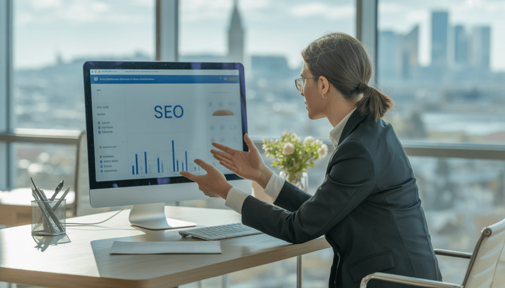 Consultant en marketing digital à Lyon discutant d'un service de référencement local avec un client dans un bureau moderne