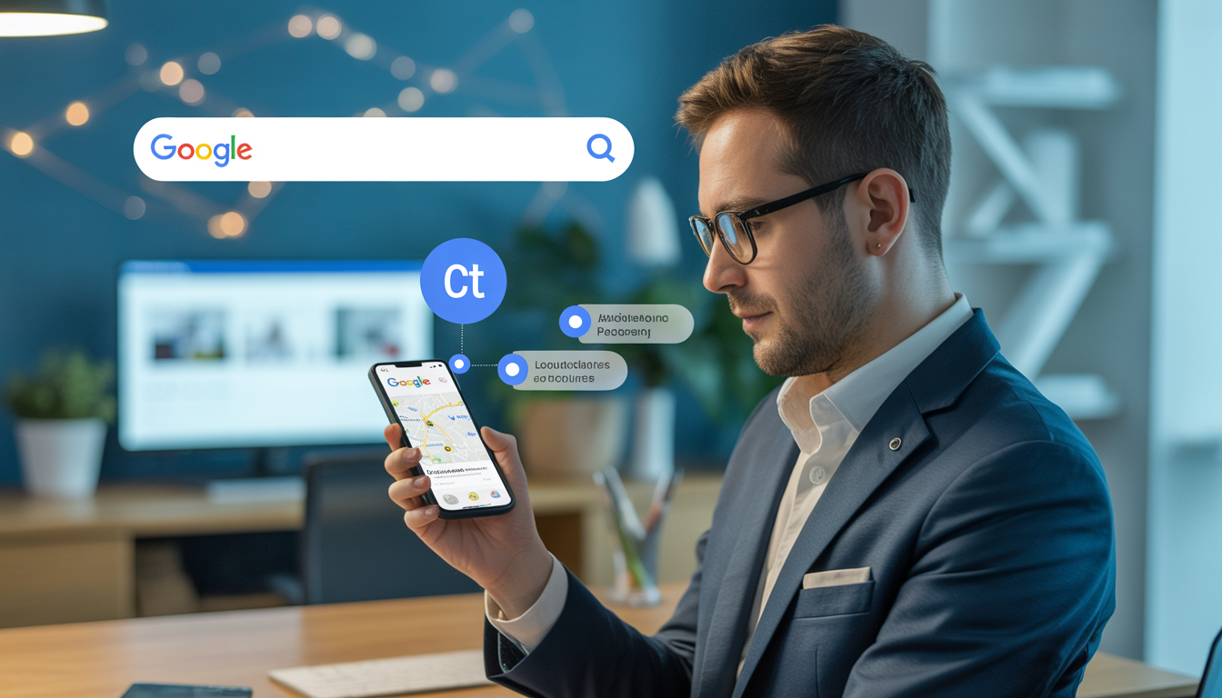 Consultant en marketing digital à Lyon examinant une fiche google my business sur smartphone avec carte locale et optimisation SEO