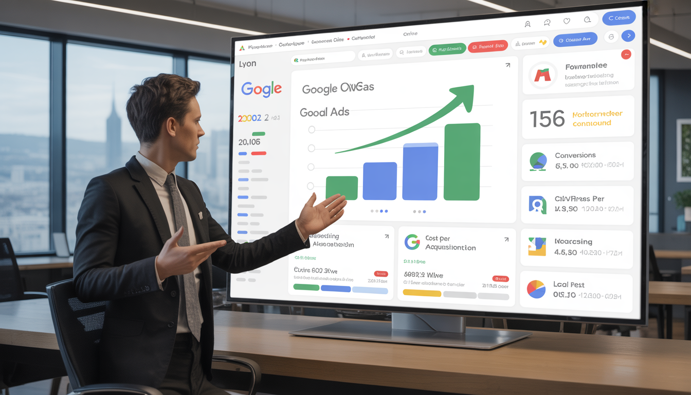 Image d’une campagne google ads rentable présentée par un consultant en marketing digital dans un bureau moderne à Lyon avec un tableau de bord affichant les métriques Google Ads