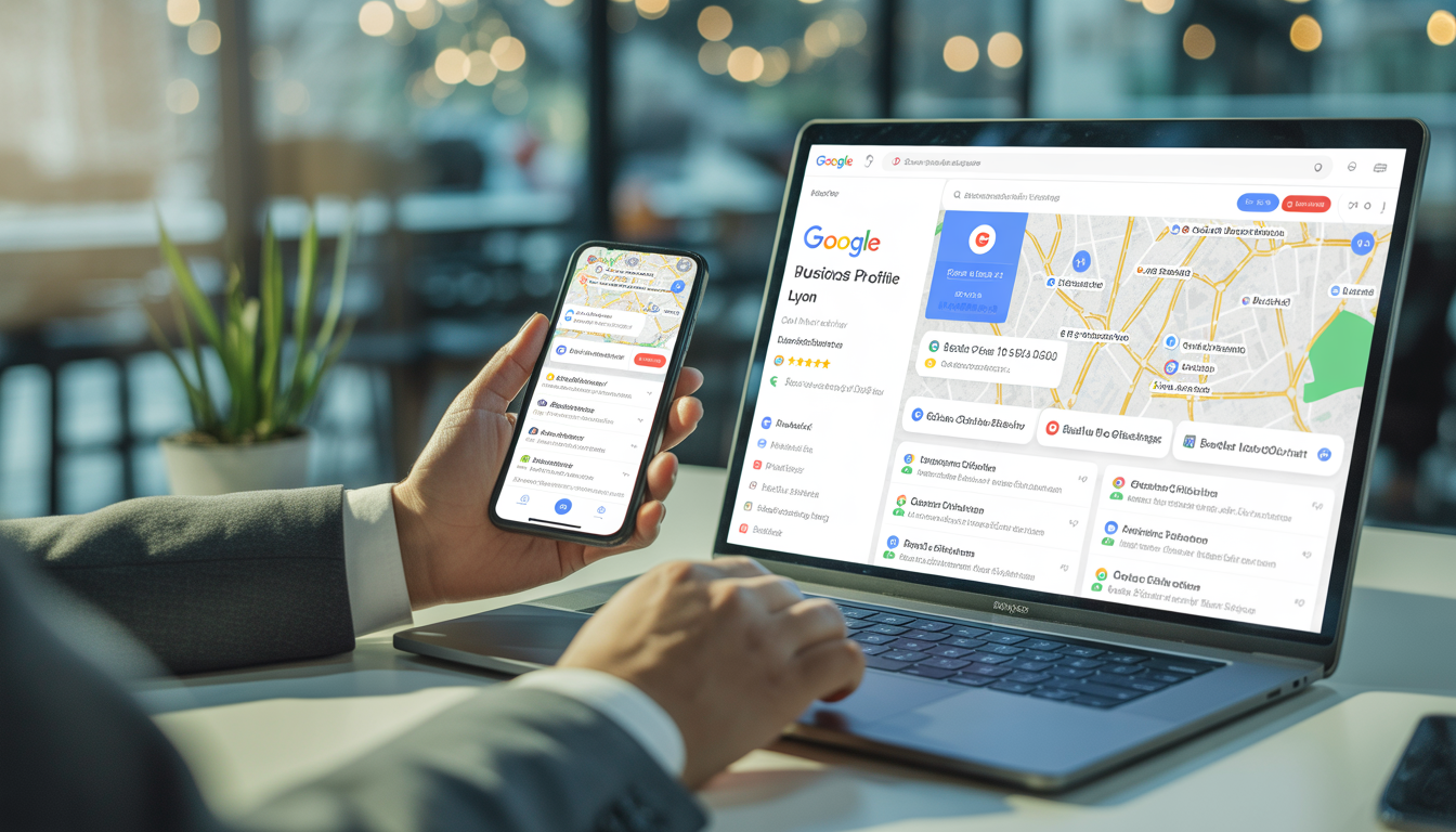 Consultant en marketing digital optimisant une fiche Google My Business à Lyon sur smartphone et ordinateur portable dans un bureau moderne