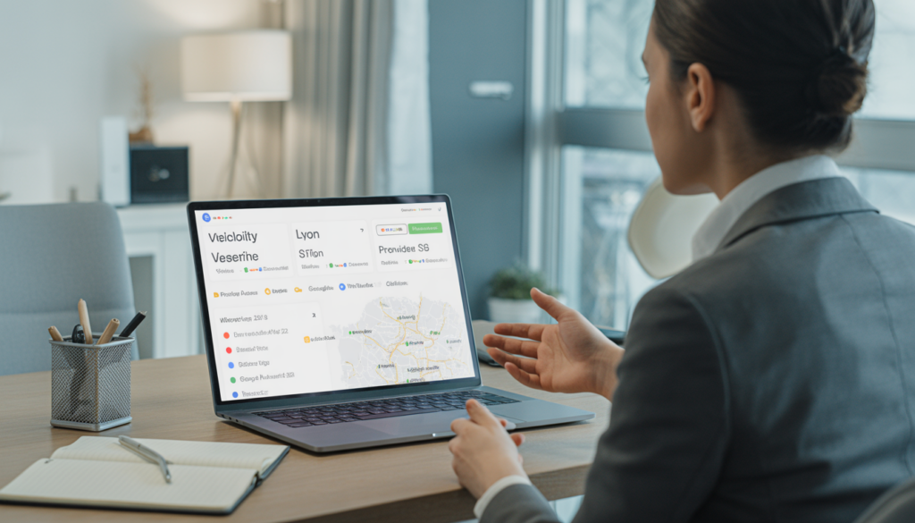 Consultant seo freelance en marketing digital dans un bureau moderne à Lyon présentant une stratégie de sélection de prestataires SEO locaux
