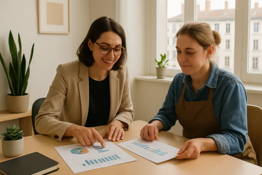 Consultant Google Ads et artisan lyonnais analysant les résultats d'une campagne locale