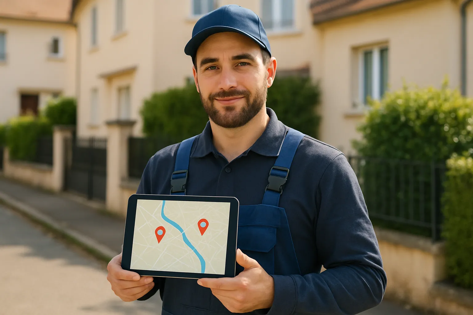 Comment Google Ads aide un artisan à trouver des clients à Lyon ? 1 Artisan plombier consultant une carte de zone d'intervention dans la métropole de Lyon