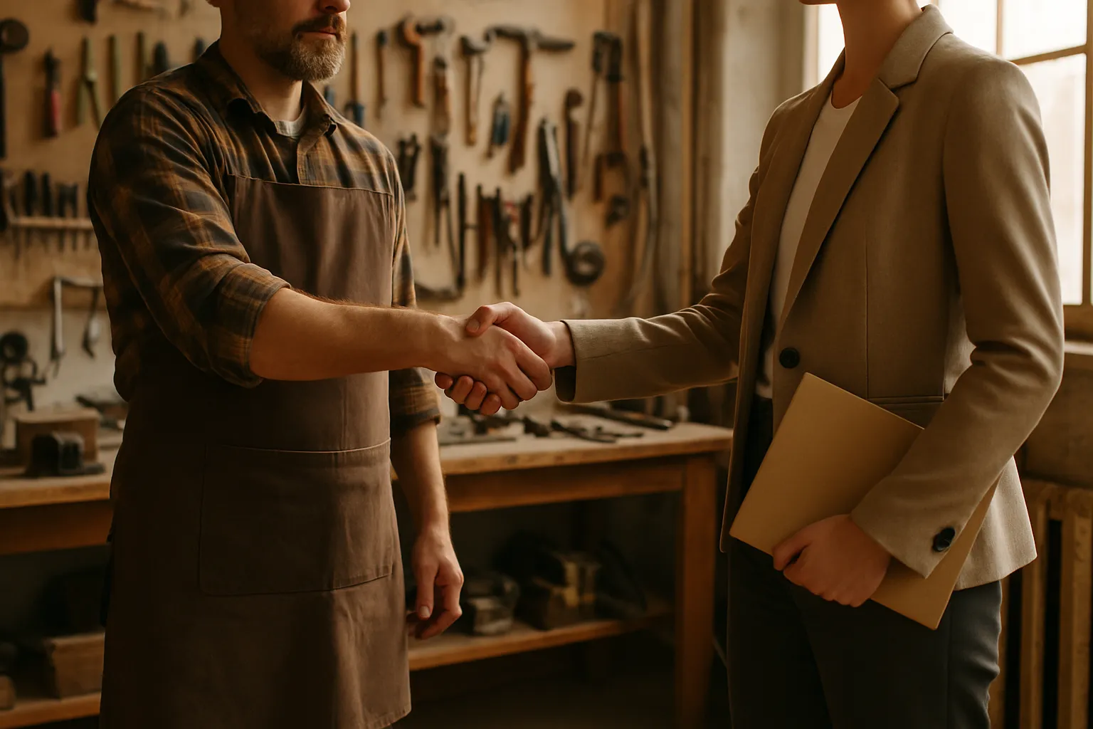 Combien coûte un consultant marketing freelance pour une TPE ? 2 Artisan et consultant freelance concluant un accord pour un accompagnement marketing