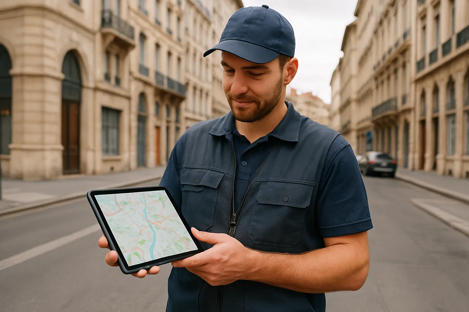 Prix fiche Google Business Profile Lyon : ce qu'il faut budgéter 2 Artisan lyonnais consultant sa fiche locale sur une tablette en extérieur